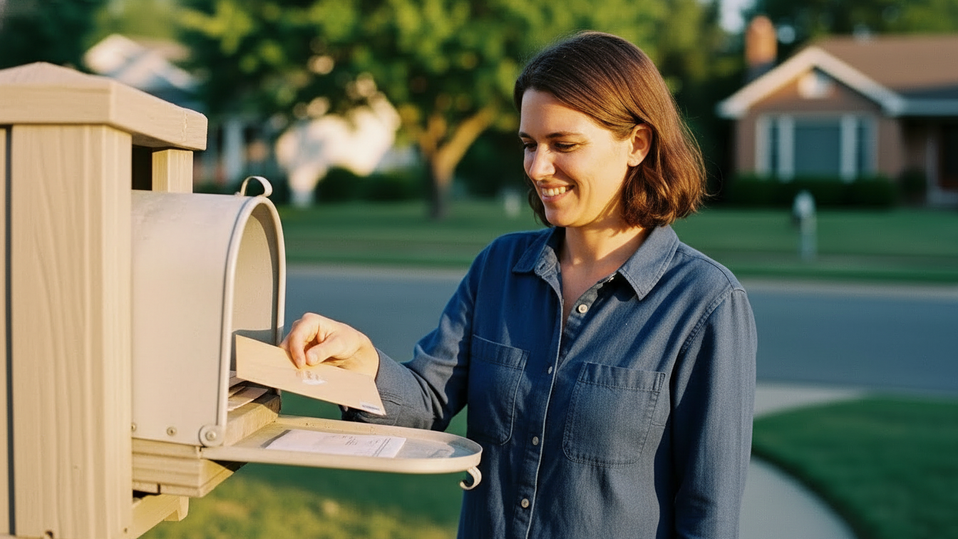 Happy person retrieving just a few letters from a clean mailbox