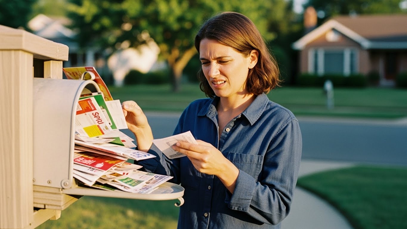 Frustrated person at mailbox overflowing with junk mail